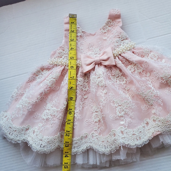 American Princess Pink Lace Baby Dress With Bow Faux Pearls Rhinestones Sz 12M - Picture 13 of 15